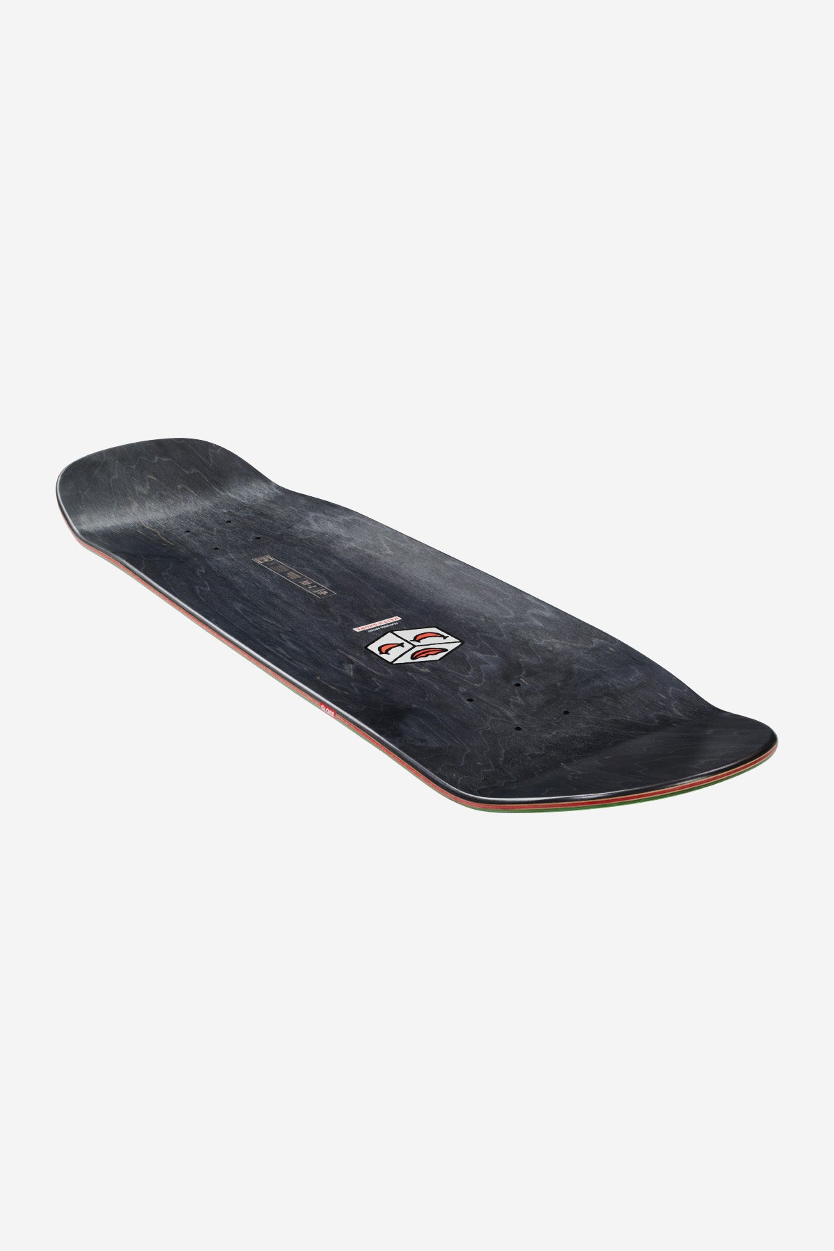 Full gray Shore Willy 8.75 inch popsicle deck shown from a lower angle with red green yellow edge stripe