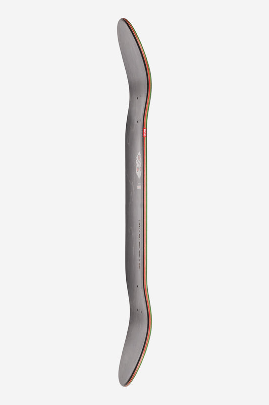 Kerbo Deck 9.25 Shore/B Willy gray deck with red green edge trim viewed from the side