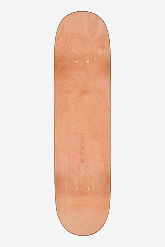 The G1 Visitation Deck 8.25" - Terra Bay is a classic skateboard deck viewed from above, featuring its natural wood grain, pre-drilled truck holes, and rounded ends. The rectangular Resin-7 deck comes without graphics or grip tape.