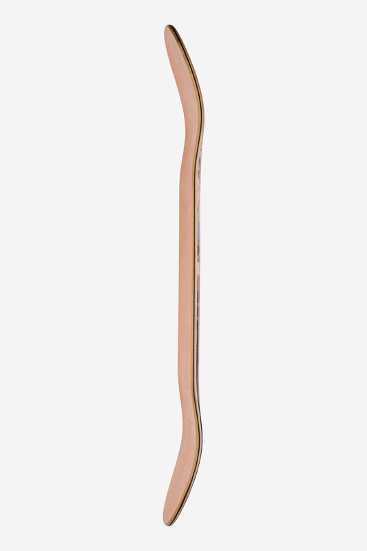 The G1 Visitation Deck 8.25" - Terra Bay is shown from the side, displaying its upward-curved nose and tail and smooth wooden Resin-7 layers along the edge, set against a plain white background.