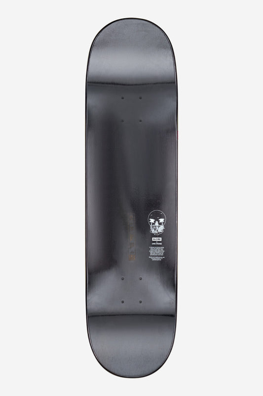 The G2 Reflection Deck 8.5" - Black/Purple is shown from above, with a plain glossy hard rock maple surface and a small white face graphic with text by Jamie Browne near one end.