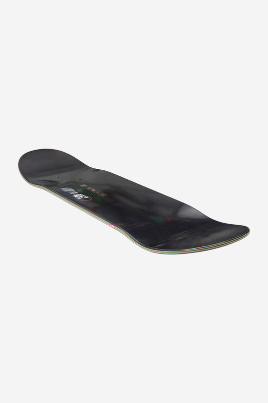 The G2 Reflection Deck 8.5" in Black/Purple, featuring a subtle graphic, rests against a plain white background and is viewed from a low angle that highlights its hard rock maple concave shape and upturned nose and tail.