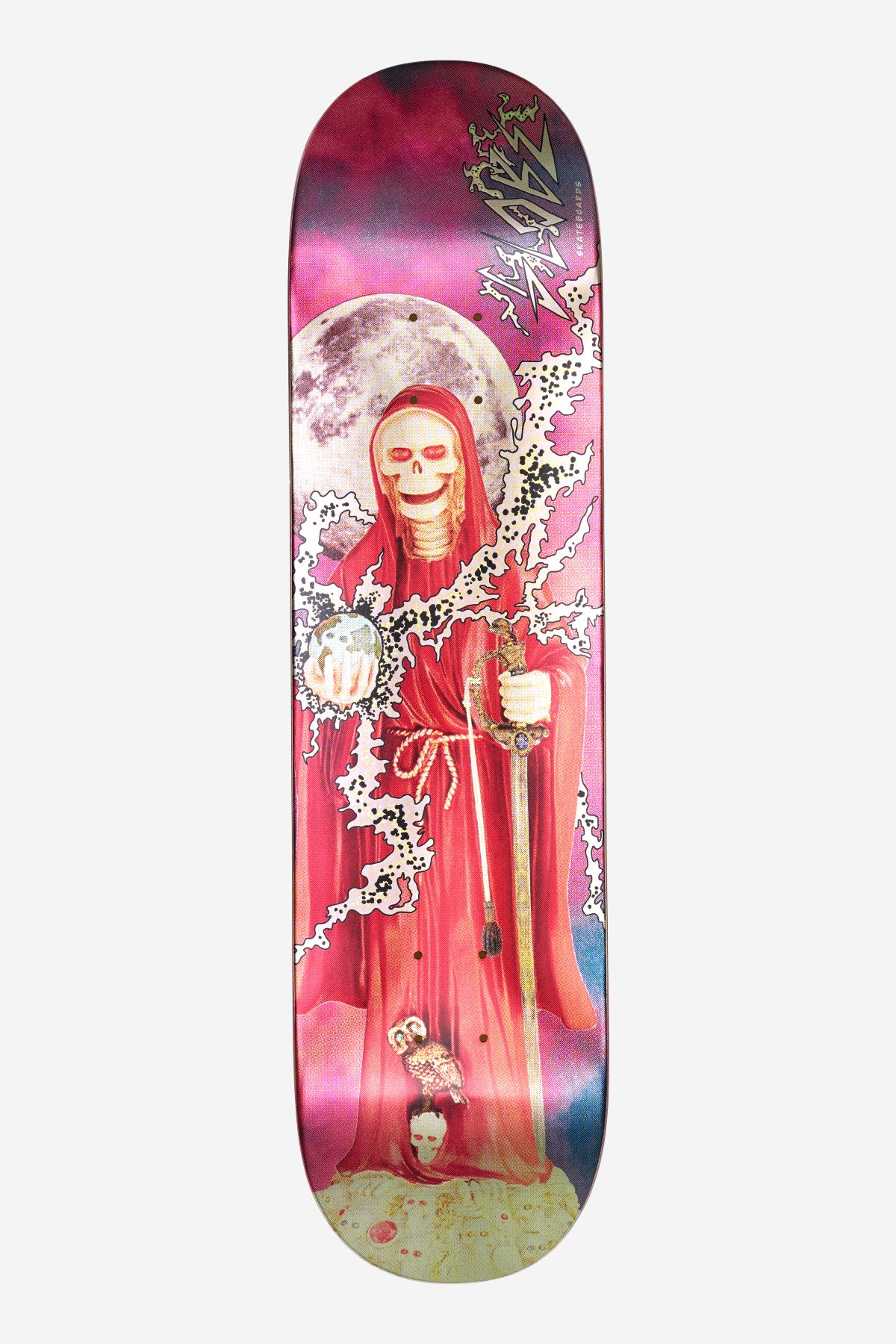 G1 Downtown Doom skateboard deck 8.0 featuring a skeletal figure in a red cloak against a pink purple sky with a full moon