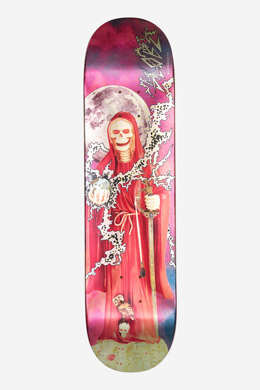 G1 Downtown Doom skateboard deck 8.0 featuring a skeletal figure in a red cloak against a pink purple sky with a full moon