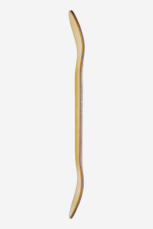 Side view of the 8.0 inch G1 Downtown Doom deck with laminated maple core and yellow finish with edge stripes