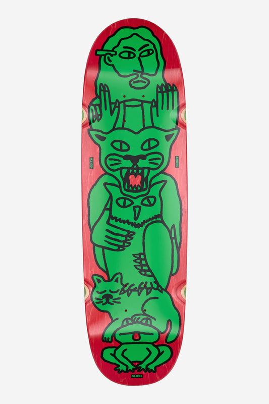The Punter Deck 9.125" - Animal Collector features a red background with bold, cartoon-like green illustrations of a human face, a large cat, a small cat, and a frog stacked vertically.