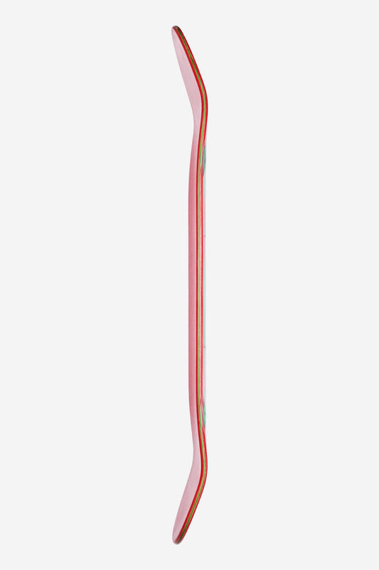 A side view of the Punter Deck 9.125" - Animal Collector skateboard, highlighting its pink color, curved nose and tail, and multi-colored edge layers against a white background.