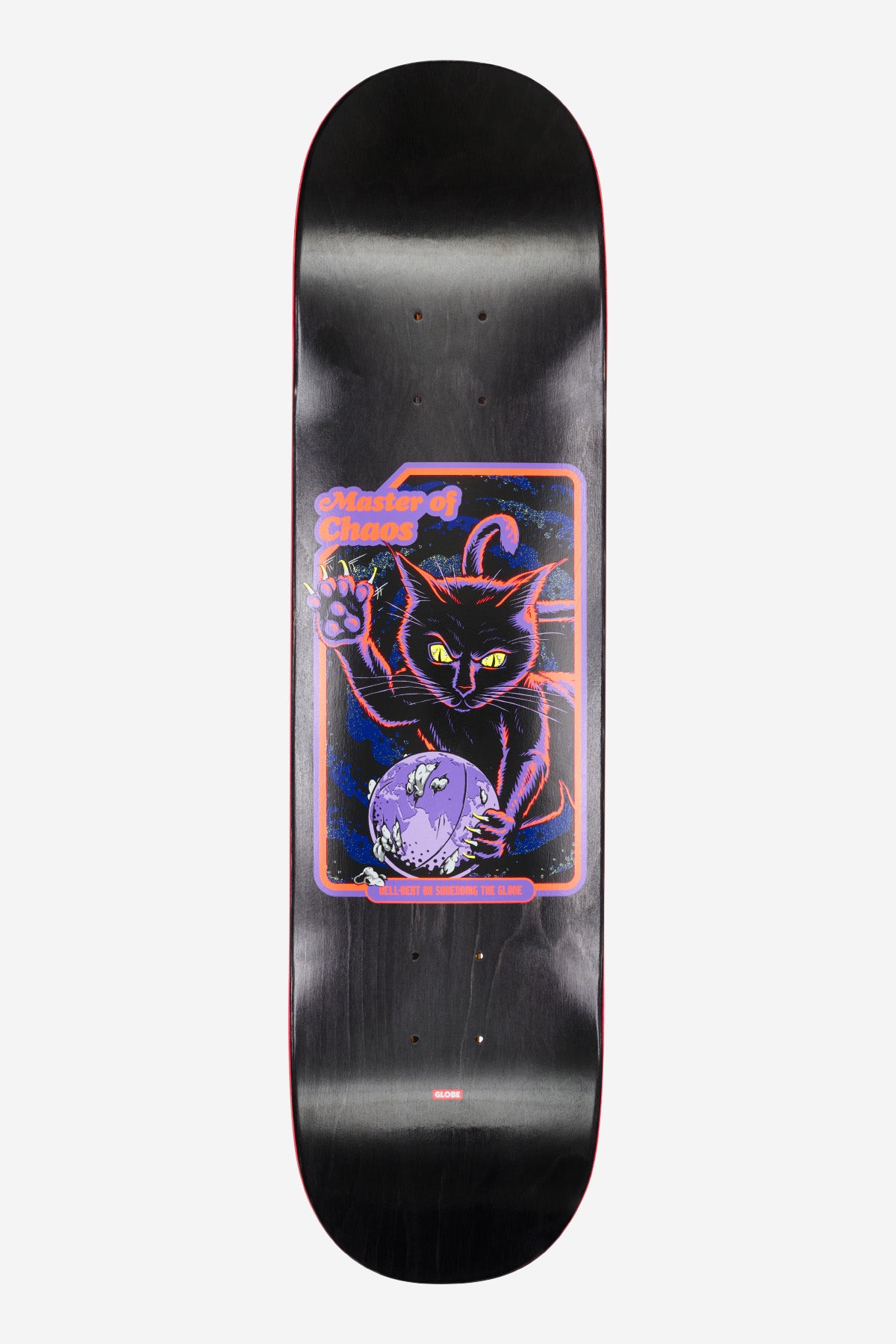G1 Master of Chaos Black Cat skateboard deck 8.0 with bold cat artwork on black background