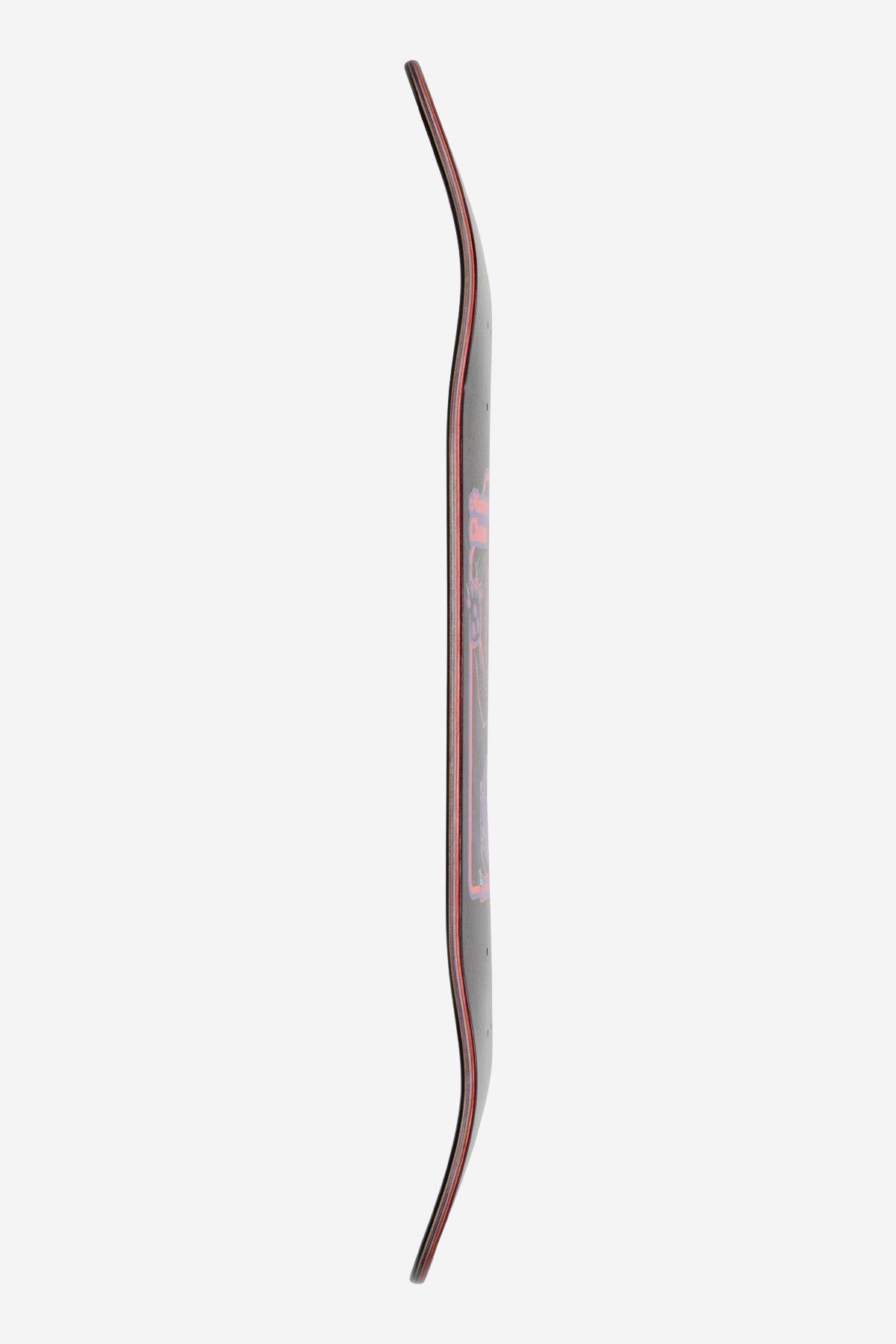 Side profile of the G1 Master of Chaos Black Cat skateboard deck with resin-7 maple layers and red edge trim
