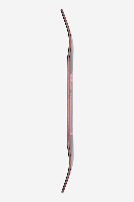 Side profile of the G1 Master of Chaos Black Cat skateboard deck with resin-7 maple layers and red edge trim