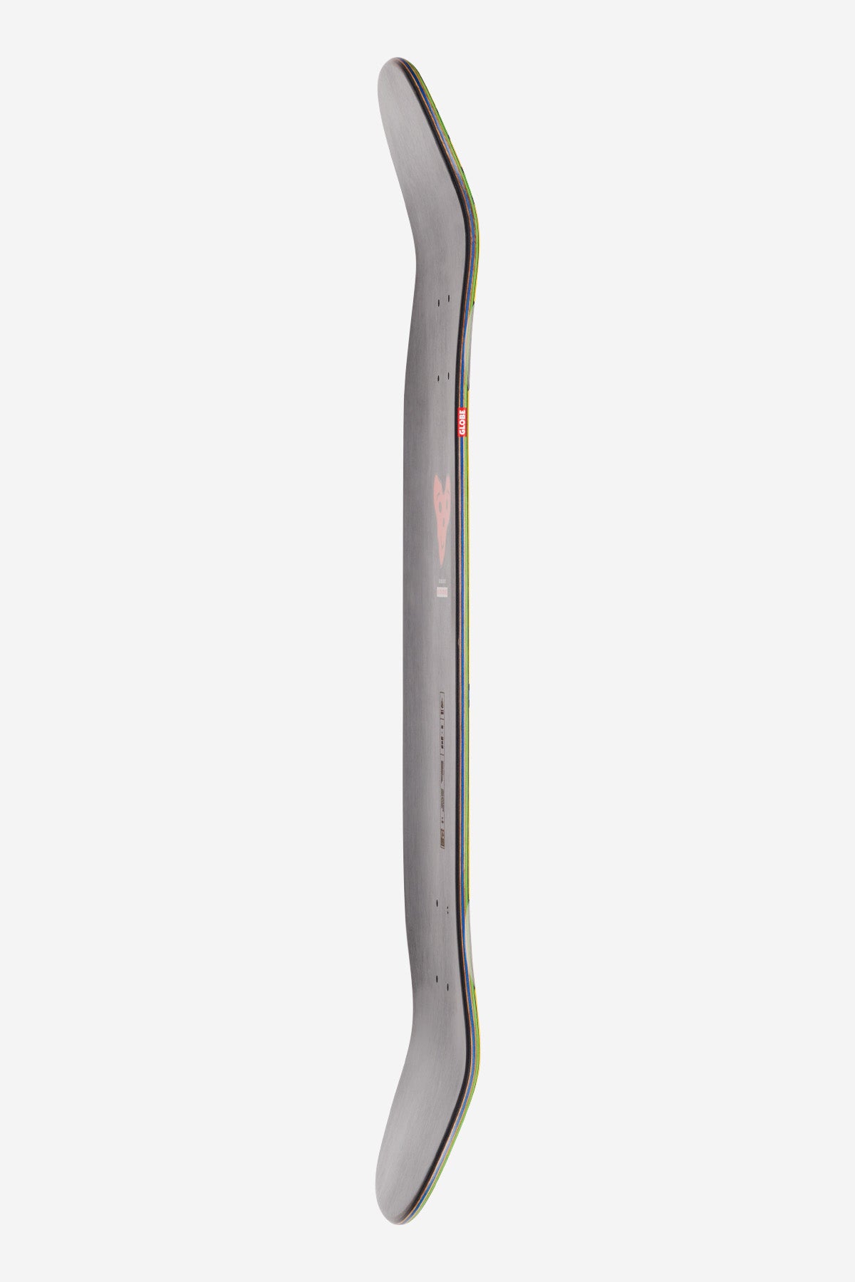 Edge view of Hammer Deck 9.0 Shore P Mac with blunt nose and rainbow edge layers