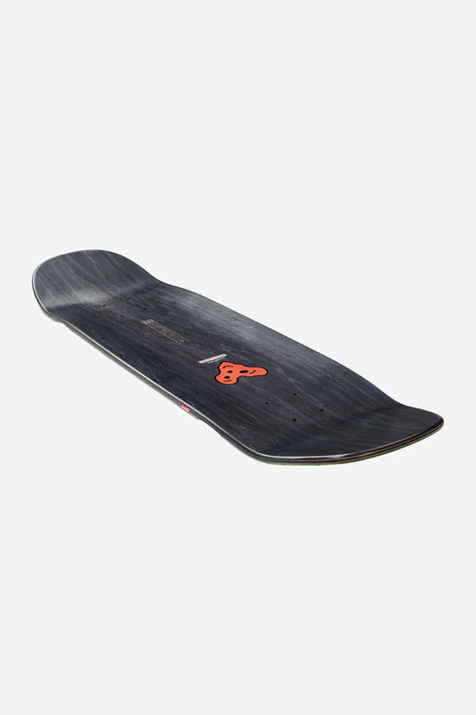 Top view of Hammer Deck 9.0 Shore P Mac with dark blue finish and orange emblem near the tail