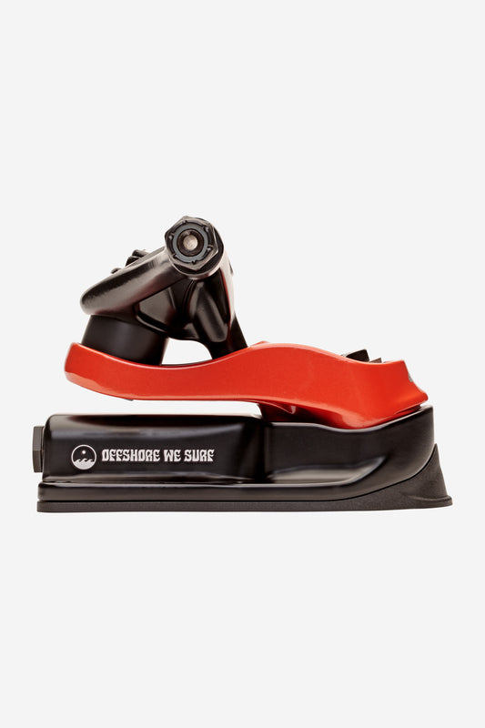 Side view of the Slant Surf Skate Trucks 6.25" in black/red, a lightweight truck with OFFSHORE WE SURF on the side, designed for attaching to a skateboard or surf skate deck.