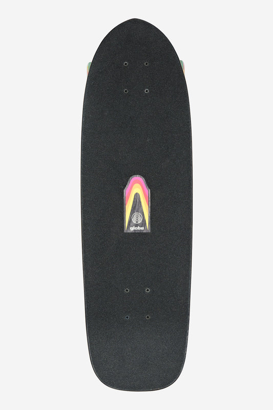 A top view of the Blazer Fuego Cruiserboard 29" - Flare with black grip tape, rounded nose and tail, a small multi-colored Globe logo cutout in the center, and durable Dozer wheels for smooth cruising.