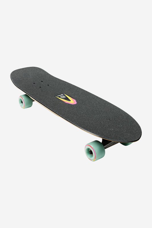 The Blazer Fuego Cruiserboard 29" - Flare features a black deck, teal dozer wheels, Tensor ATG trucks, and a yellow, pink, and white center logo, shown at an angle on a plain white background.