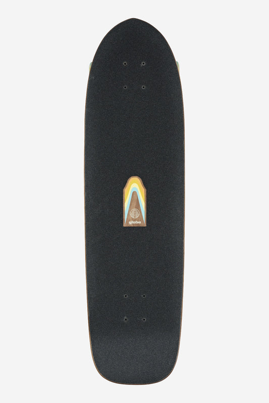 The Blazer Fuego Cruiserboard 32" - Horizon features a black, textured grip deck with rounded edges and a brown, yellow, and white geometric design plus the Blazer Cruisers logo at center. Four holes allow for easy attachment of Tensor ATG trucks.