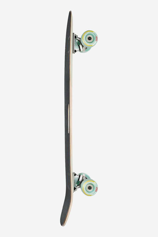 The Blazer Fuego Cruiserboard 32" - Horizon is shown from the side on a white background, featuring a curved deck, top grip tape, distinctive Blazer design, and green dozer wheels with colorful patterns.