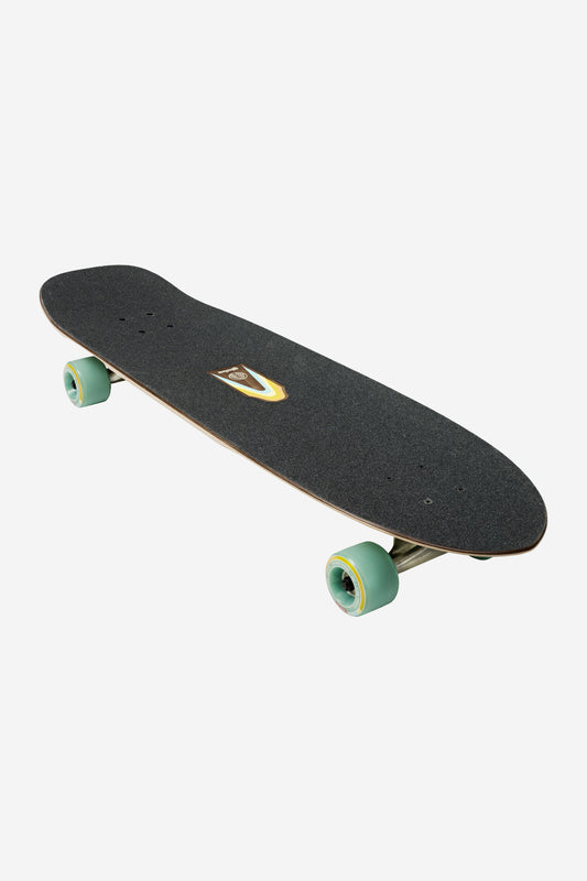 The Blazer Fuego Cruiserboard 32" - Horizon is shown against a plain white background, featuring green dozer wheels, sturdy Tensor ATG trucks, and a yellow and white logo at the center on its black deck.