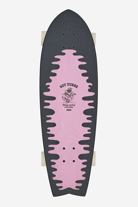 The Sun City 2 Surf Skate Board 30" - Lazy Daisy features black grip tape, a jagged-edged pink center with "OUT THERE" and a small sketch, Slant surf/skate trucks for surf-like carving, white wheels, and a swallow-tail cruise shape.