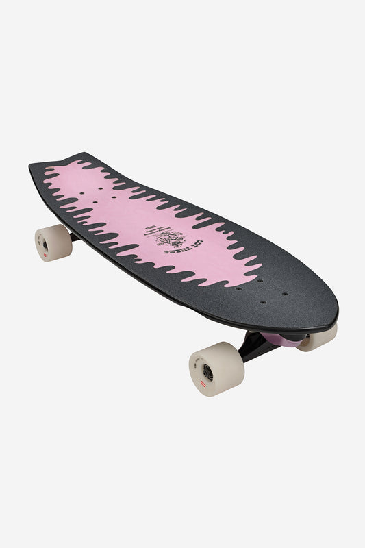 The Sun City 2 Surf Skate Board 30" - Lazy Daisy features white wheels, Slant surf/skate trucks, and a black deck with a pink wavy center design and "Lost X Carver" text. Ideal for surf-style carving on the streets.