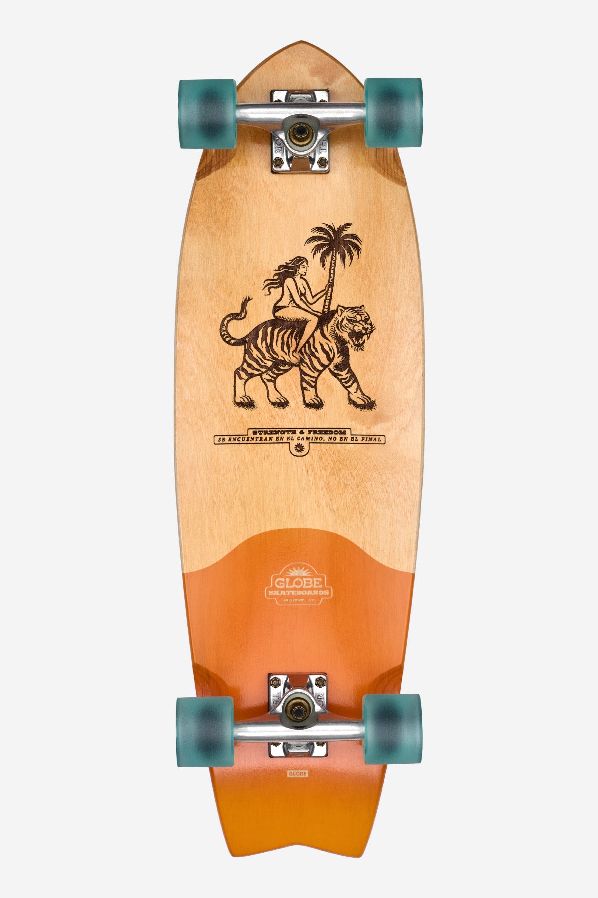 The Sun City Cruiserboard 30" - La Tigra features a wooden swallow-tail deck with teal wheels, orange nose and tail accents, and a tiger with a palm tree graphic. Crafted from Resin-7 hard rock maple, it has the Globe logo near the tail.