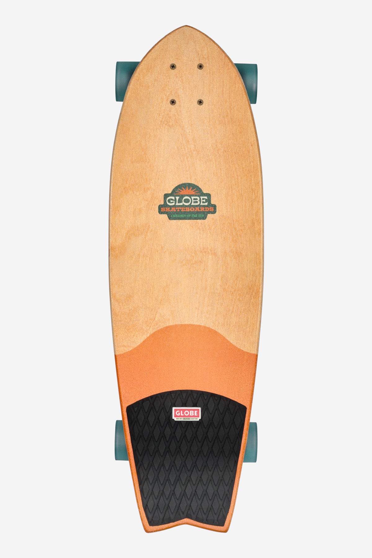 The Sun City Cruiserboard 30" - La Tigra is a wooden skateboard with green wheels, a pointed nose, and an orange and black grip pad near the tail. Made from Resin-7 hard rock maple, it features the Globe logo on both deck and grip pad.