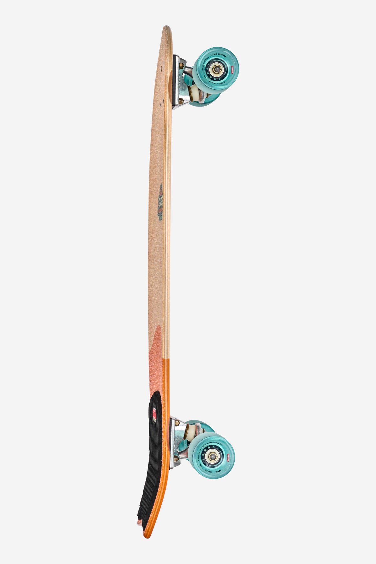 The Sun City Cruiserboard 30" - La Tigra features a Resin-7 hard rock maple deck with a natural wood to orange gradient, blue wheels, and black grip tape at one end, all in a sleek swallow-tail cruiser design.