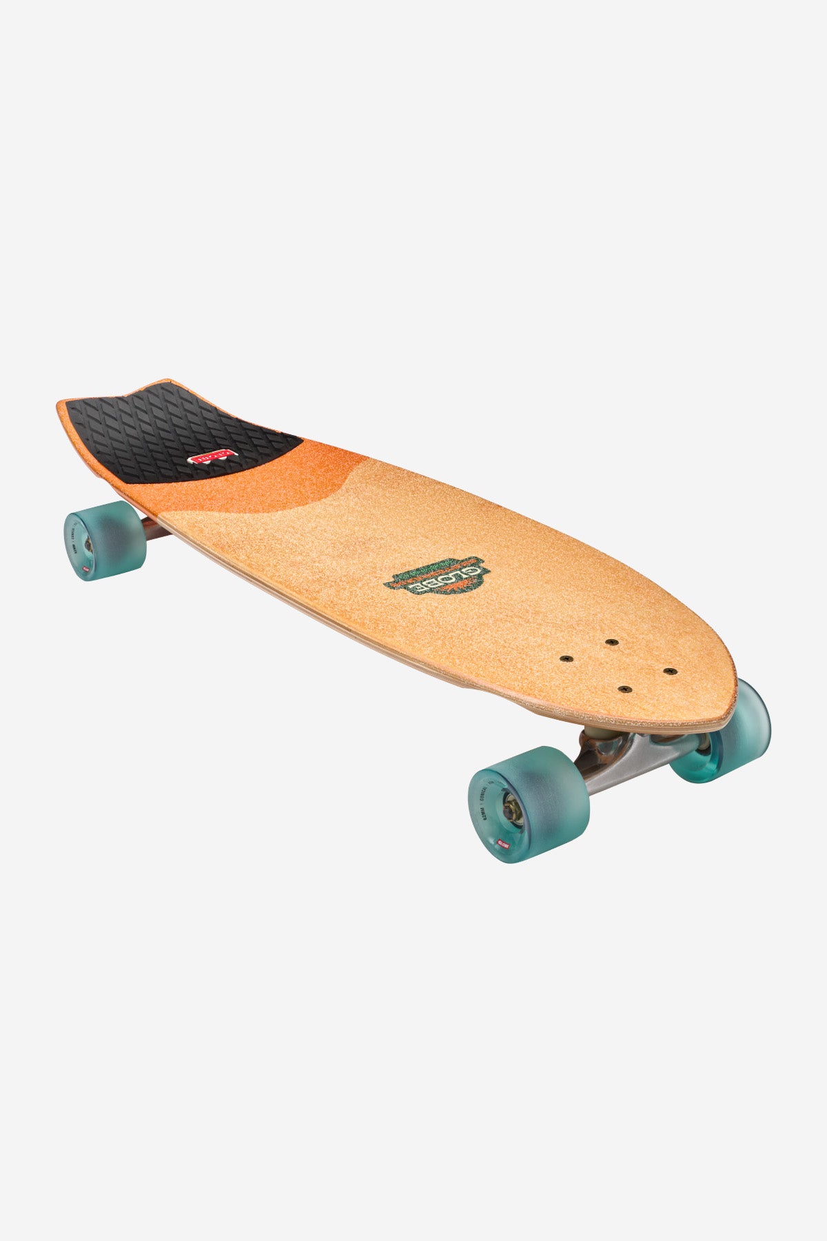 The Sun City Cruiserboard 30" - La Tigra features a natural wood finish, black grip pad at the tail, turquoise wheels, and silver trucks. Made from durable Resin-7 hard rock maple, it’s displayed on a white background.