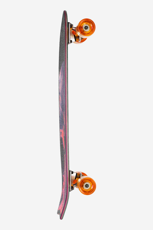 The Sun City Cruiserboard 30" - Reishi is shown from the side with orange cruiser wheels, black grip tape, a partially visible edge design, and a durable Resin-7 maple deck.