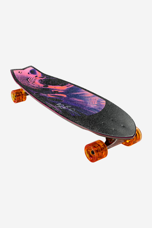 The Sun City Cruiserboard 30" - Reishi features cruiser wheels with orange transparent tires, a black grip tape Resin-7 maple deck, and a vibrant pink and purple graphic design.