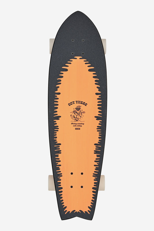 The Chromantic Surf Skate Boards 33" - Lightning Log features a black grip tape border, orange center, and graphic of a skeleton with a flag that reads GET THERE. This swallow-tail cruiser pairs perfectly with surf/skate trucks.