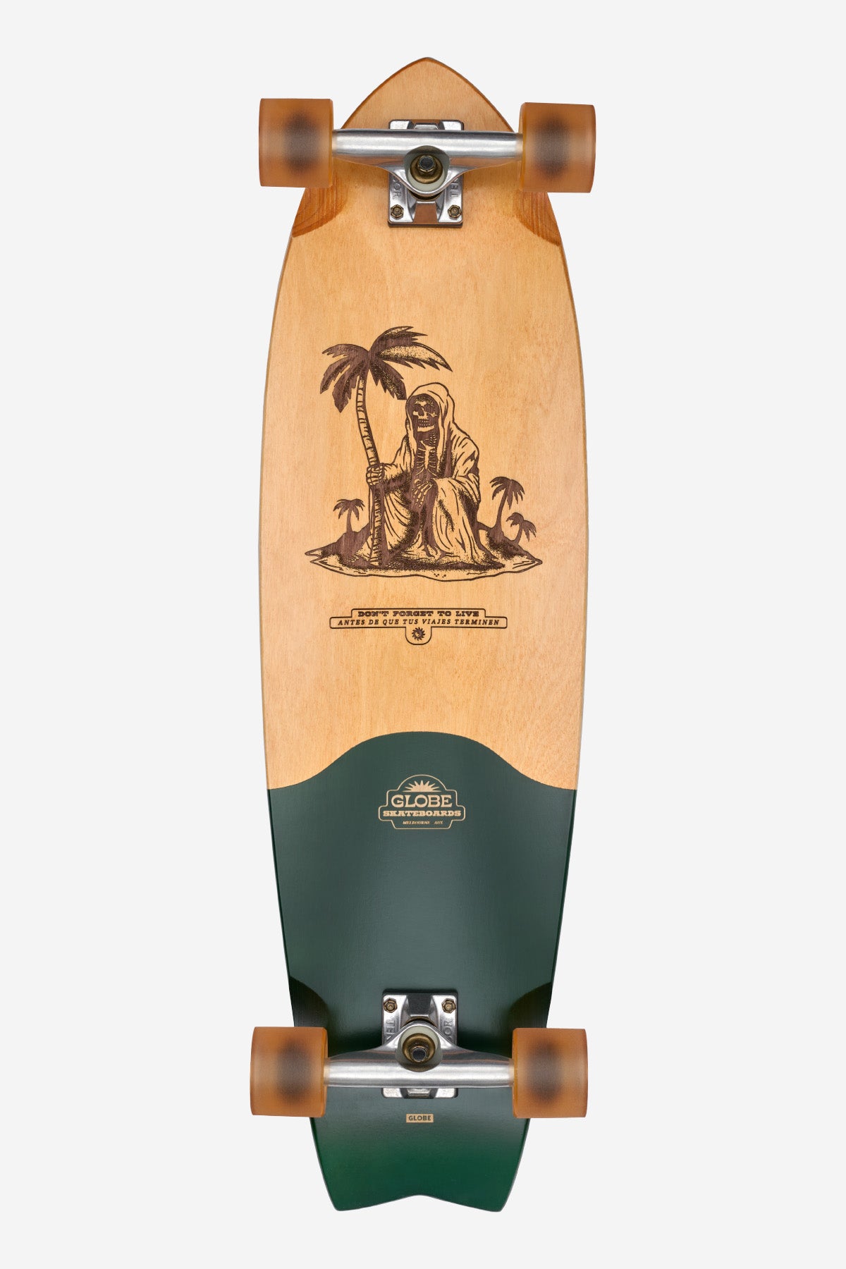The Chromantic Cruiserboard 33" - Beach Bum features a swallow-tail deck with a skeleton under palm trees on natural wood, green-painted lower section, brown wheels, Resin-7 hard rock maple construction, and Globe logo—a true surf cruiser.
