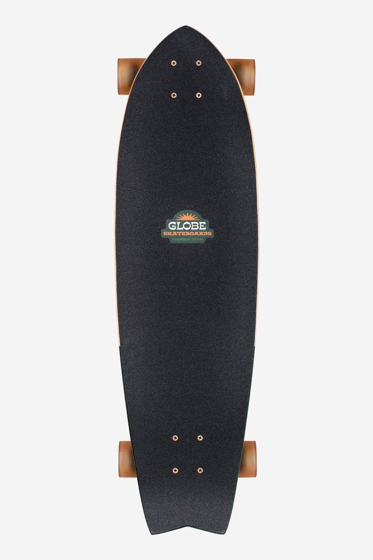 A top view of the Chromantic Cruiserboard 33" - Beach Bum shows a black surf cruiser longboard with a textured grip deck, brown wheels, and "GLOBE" in the center, made from durable Resin-7 hard rock maple on a white background.