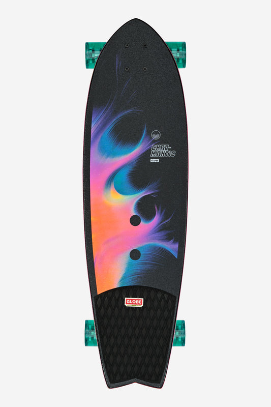 The Chromantic Cruiserboard 33" - Maitrus is a surf-inspired skateboard with green wheels, a black deck featuring vibrant swirling pink, orange, blue, and purple gradients, made from durable Resin-7 hard rock maple and GLOBE CHROMANTIC text on top.