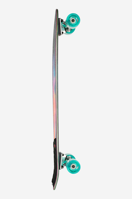 The Chromantic Cruiserboard 33" - Maitrus is shown from the side, featuring a thin iridescent Resin-7 hard rock maple deck with turquoise wheels, set against a plain white background.