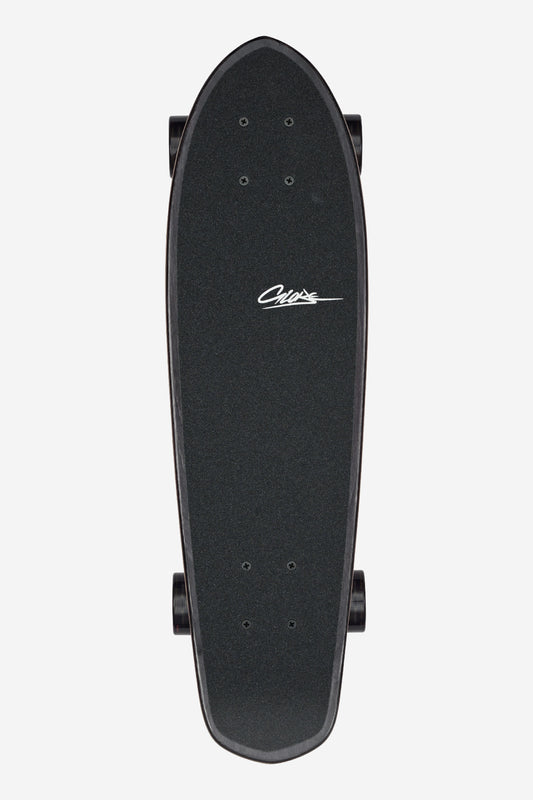 The Blazer Cruiserboard 26" - Crunch is shown from a top-down view, featuring black grip tape with a white Carver logo at the center, black wheels, and a rounded nose and tail on a plain white background.