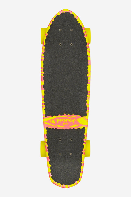The Blazer Cruiserboard 26" - Lazer Roo has a black grip tape deck, yellow soft conical wheels, and a vivid pink and yellow abstract border. “HIBOTON” appears in yellow text on pink near the diamond tail.