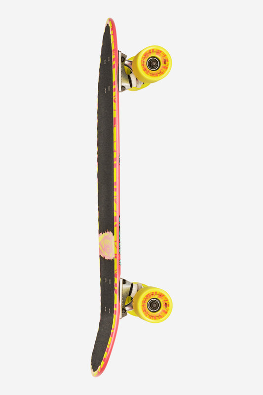 The Blazer Cruiserboard 26" - Lazer Roo is shown vertically on a white background, displaying its black grip tape, soft conical yellow wheels, and a vibrant pink and yellow underside.