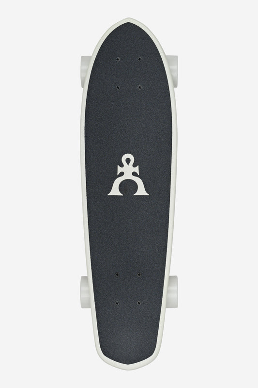 Ma'at Blazer 26 top view cruiser board with dark grip tape white border and centered white logo