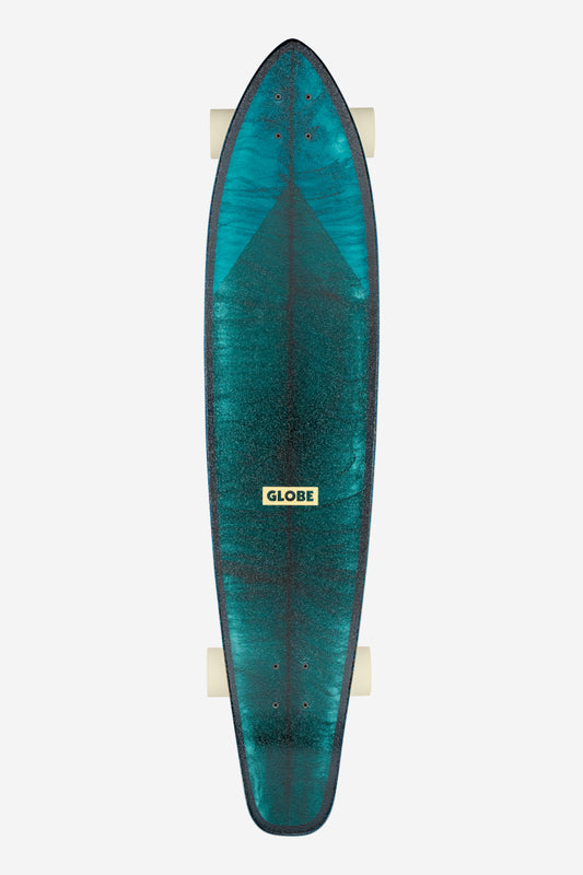 The Byron Bay Longboard 43" - Sun Days features a teal and dark green deck with a pointed nose, rounded tail, white wheels, and a GLOBE logo in the center, shown on a plain white background.