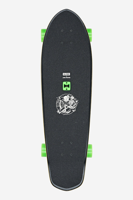 The Big Blazer Cruiserboard 32" - Good Times Roll is a black skateboard with bright green wheels, a graphic design, and a white logo on the griptape, shown from above against a white background.