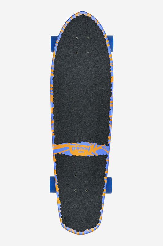 The Big Blazer Cruiserboard 32" - Lazer Wolf features a diamond tail, soft conical blue wheels, black grip tape, and a blue-orange patterned border with matching design and Burton branding at the center.