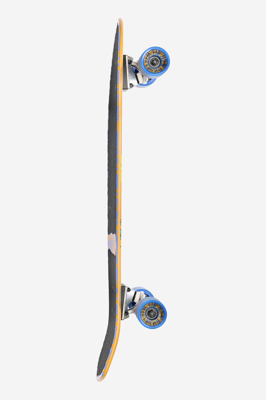 The Big Blazer Cruiserboard 32" - Lazer Wolf stands vertically, showcasing black grip tape, yellow and blue deck edges, blue soft conical wheels with silver trucks, all set against a plain white background.