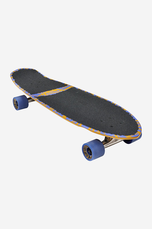 The Big Blazer Cruiserboard 32" - Lazer Wolf features black grip tape, yellow and blue patterned edges, and soft blue conical wheels, displayed on a white background.