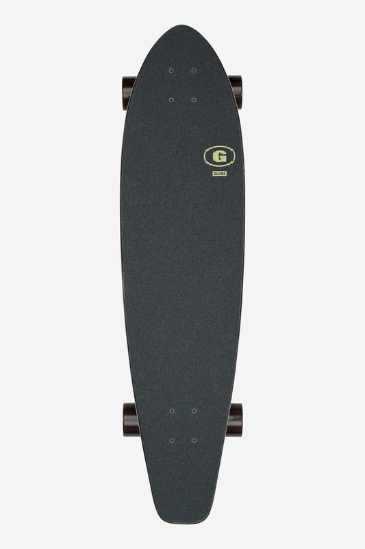 A top-down view of The All-Time Longboard 35" - Seascape, featuring a textured black deck, dark wheels, and a small yellow Globe logo near the front—ideal as a classic cruiser for smooth rides.