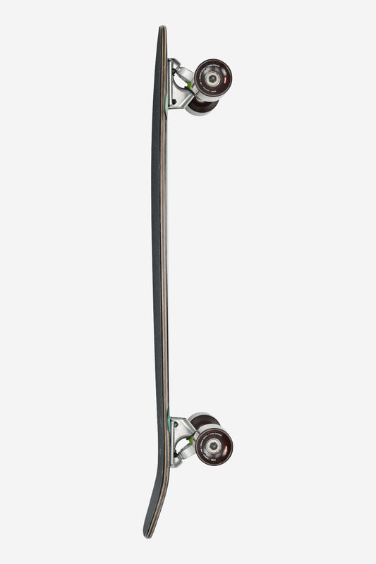 A side view of The All-Time Longboard 35" - Seascape displays its black deck, dark wheels, and kick tail, highlighting the board's profile and trucks against a plain white background.
