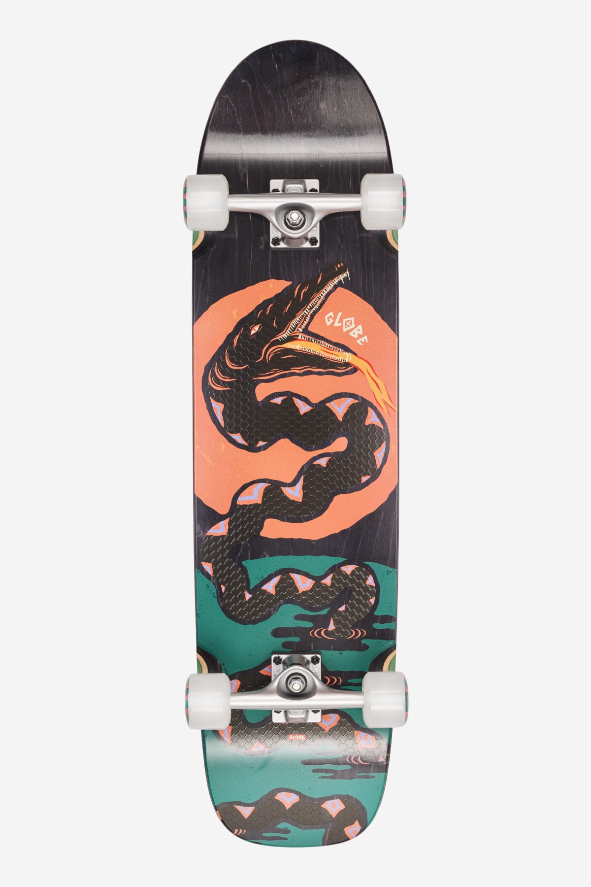 Sun Serpent Snake Run Longboard 35 inches featuring a bold orange serpent graphic on a dark deck with white trucks.