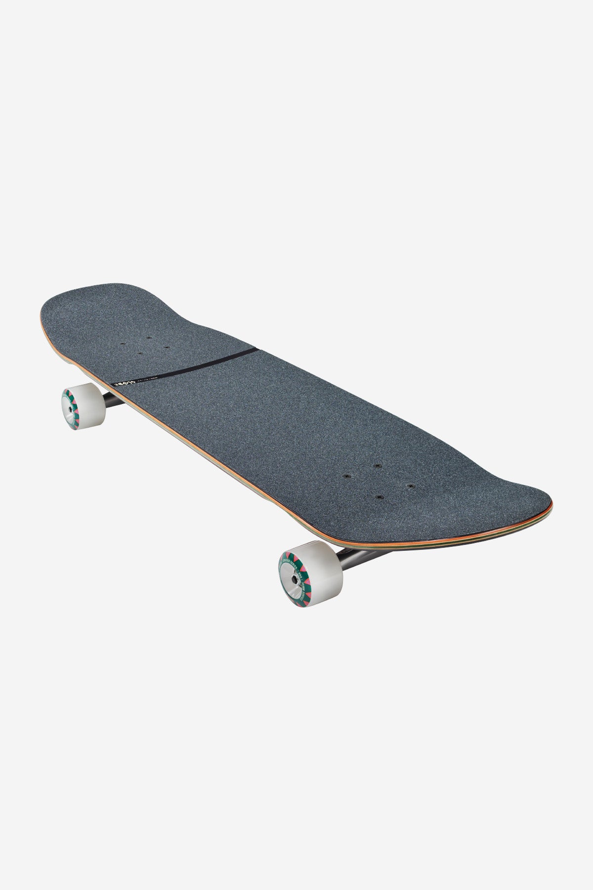 Angled top view of Sun Serpent longboard showing blue grip deck and white trucks with multicolor wheels