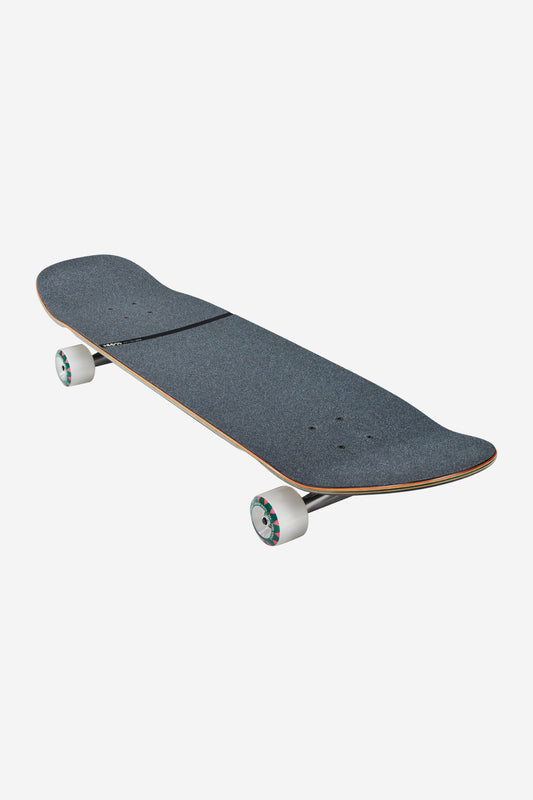 Angled top view of Sun Serpent longboard showing blue grip deck and white trucks with multicolor wheels