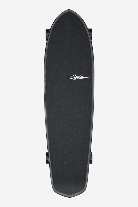 The Blazer XL Longboard 36" - Flow is a black board with a pointed nose, squared tail, and a white signature-style logo near the center, shown from above on a plain white background.